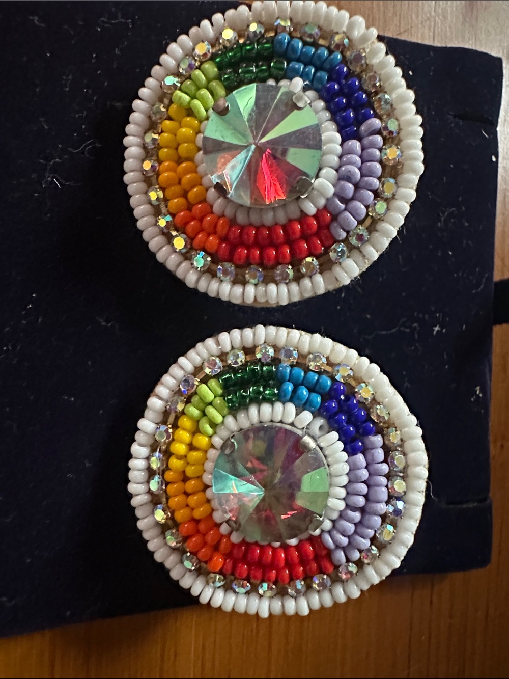 Handmade Rainbow Beaded Circle Earrings with Crystal Center